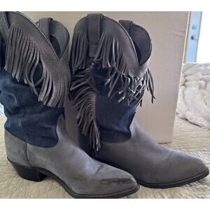 Vintage Wrangler Denim Fringe Cowgirl Boots 8.5 M USA Boho Festival Western